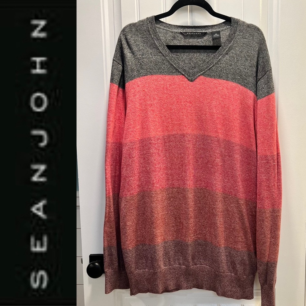 SeanJohn Men’s Striped Red Heather V Neck Long‎ Sleeved Sweater. Size 2XL.